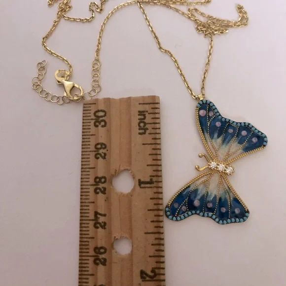🦋925 Silver butterfly turquoise stones enamel necklace 18K yellow gold p…